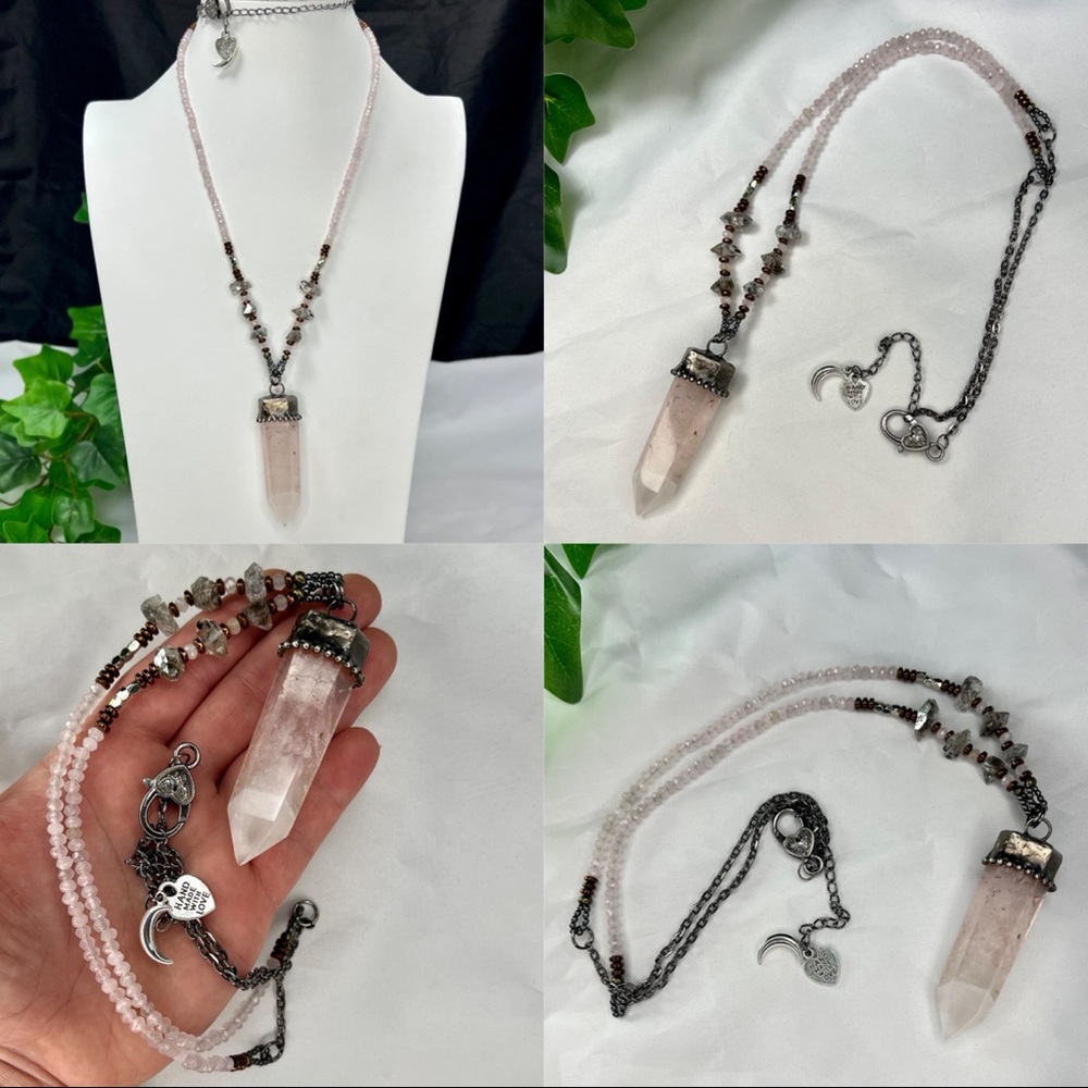 Herkimer Diamond & Rose Quartz Point Crystal Beaded Necklace - Picture 12 of 12